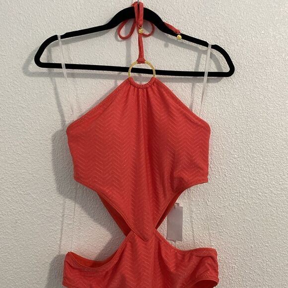 NWT-Trina Turk-Peach & gold- High Neck One Piece Swimsuit- side cut outs-Size 12 - Picture 5 of 16